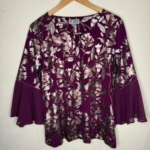 JM Collection Purple Blouse Floral Metallic Trim Sheer Sleeve Women’s Sz Large